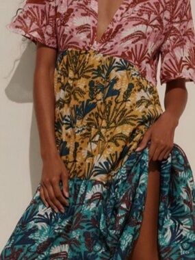 Anthropologie Celandine S Tiered V neck Maxi dress tropical multi colored